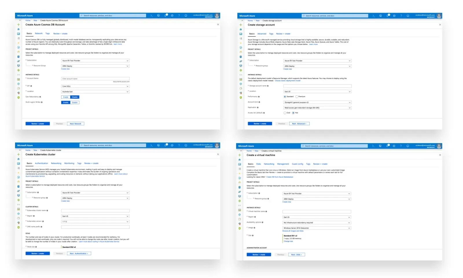 Screenshot of four sections from the Microsoft Azure IoT Hub interface: moving clockwise from top-left, "Create a shared access policy," "Create a consumer group," "Add a new consumer group," and "Review + Create". Each section contains various form fields and buttons.