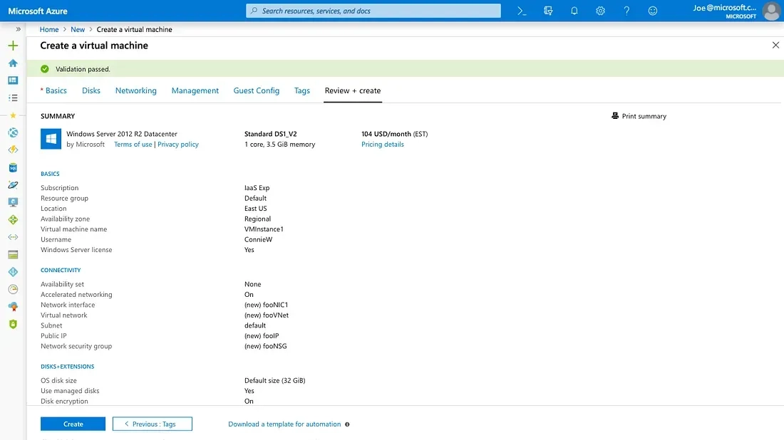 Screenshot of the "Create a virtual machine" page on Microsoft Azure. The screen displays details under tabs such as Basics, Disks, Networking, Management, Guest Config, and Tags. The Summary section lists configuration details with a minimalistic design.