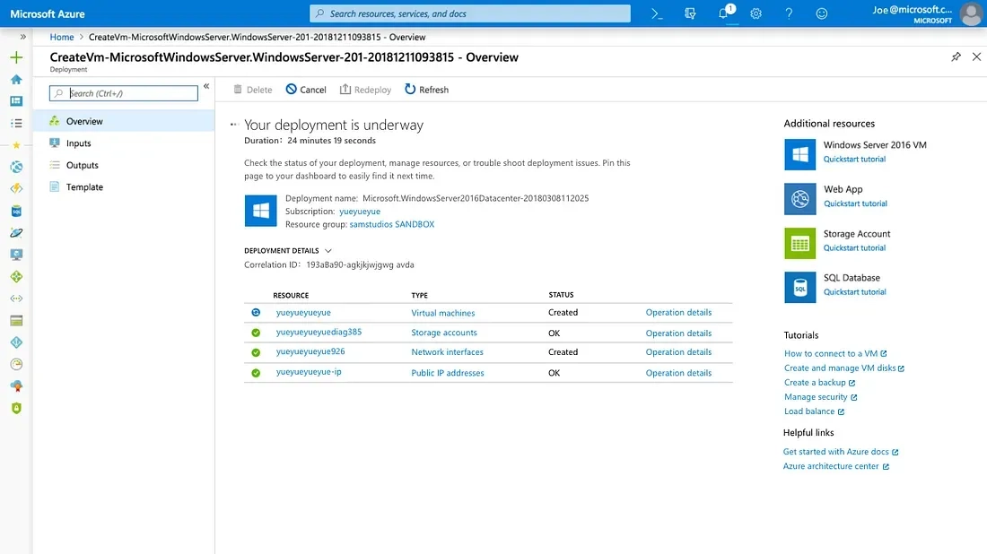 Screenshot of a Microsoft Azure deployment overview for a Windows Server. It shows resources like virtual networks, storage accounts, and network interfaces, all marked "Created." There's a progress bar and various operation details on the right side.