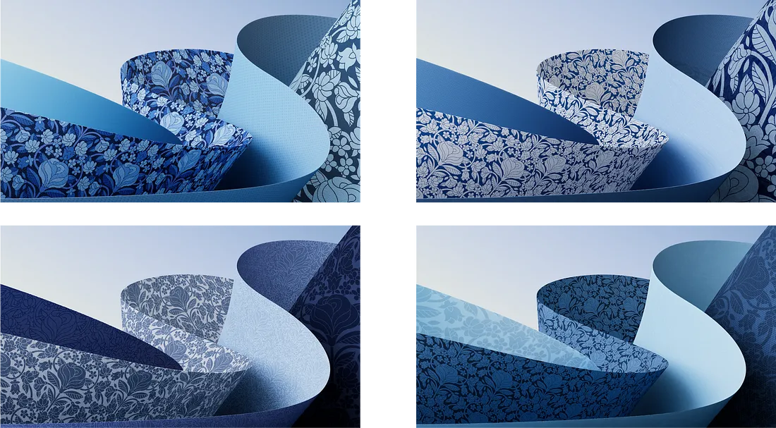 A digital artwork featuring ribbons with intricate blue floral patterns. The ribbons overlap and twist against a gradient blue background. Each section displays different shades and floral designs, creating a harmonious and dynamic visual effect.