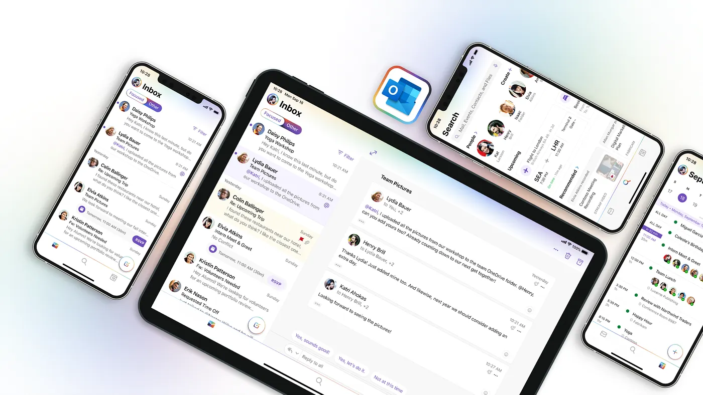 A tablet and three smartphones display different screens of a messaging or email app with various message threads. The Outlook app icon appears at the center of the image, suggesting integration or compatibility.