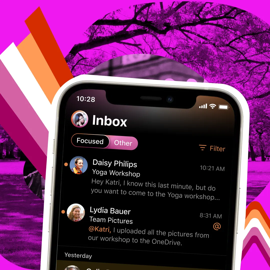 A smartphone screen displays an email inbox with messages from Daisy Philips about a yoga workshop and Lydia Bauer sharing workshop pictures, set against a vibrant, abstract pink and purple background.