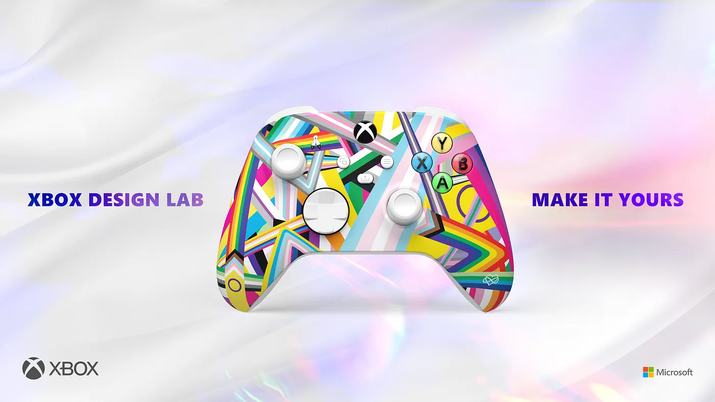 A colorful Xbox controller with abstract geometric patterns is centered on a soft, light background. Text reads "Xbox Design Lab" on the left and "Make It Yours" on the right, with Xbox and Microsoft logos in the corners.