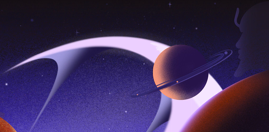 A stylized cosmic scene featuring a ringed planet against a starry background. In the foreground, a large shadowy silhouette of a horned figure gazes toward the planet, creating a mysterious and otherworldly atmosphere.