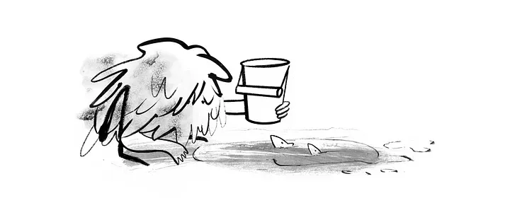 A black and white sketch depicts a fluffy creature sitting beside a body of water. The creature is holding a bucket and looking at two triangular shapes in the water, which resemble shark fins.