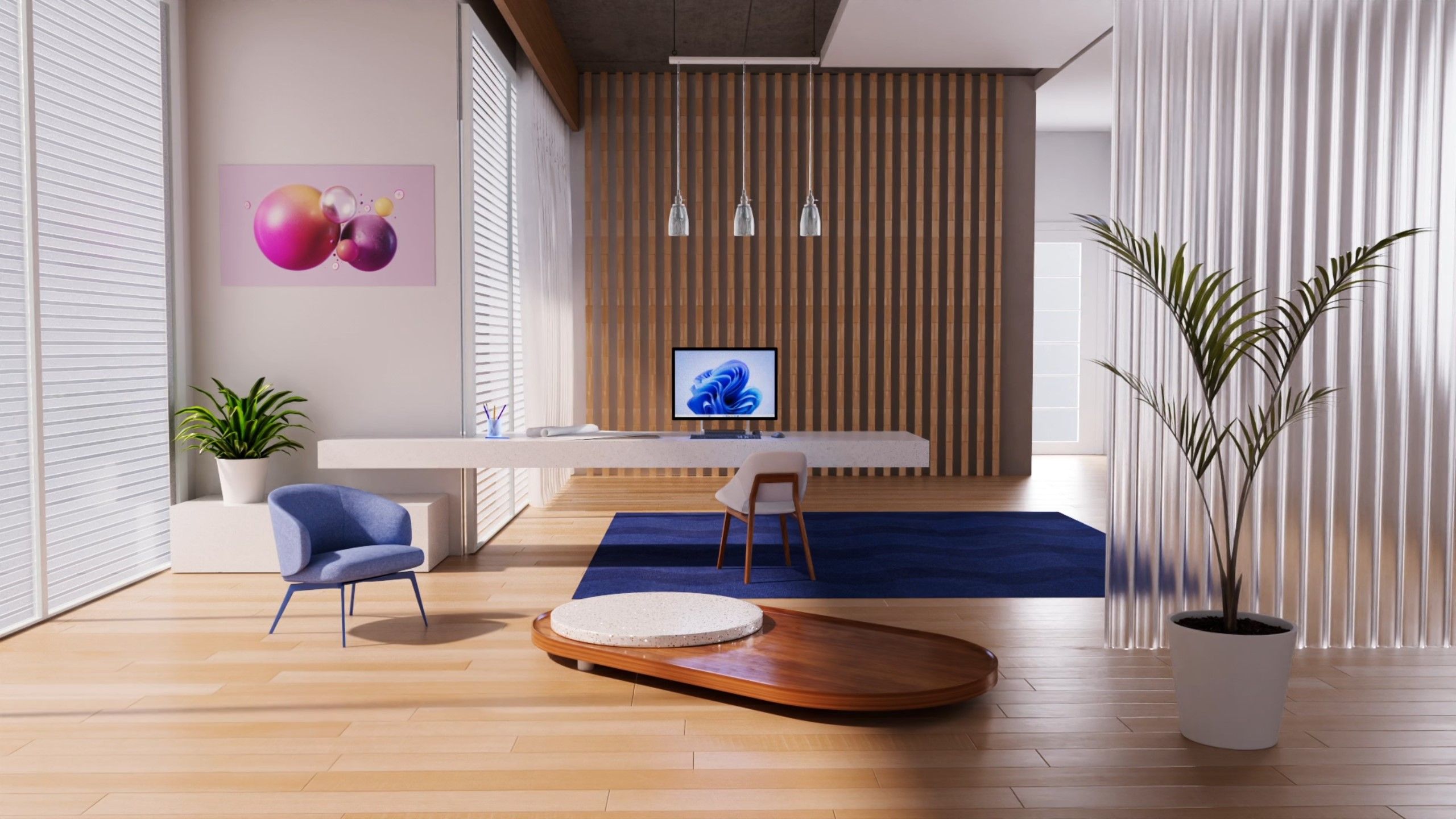 A modern office space featuring a sleek desk with a computer, a blue chair, a round wooden coffee table, and a potted plant. The room has wooden flooring, vertical blinds, a wooden accent wall, pendant lights, and a colorful abstract painting on the wall.