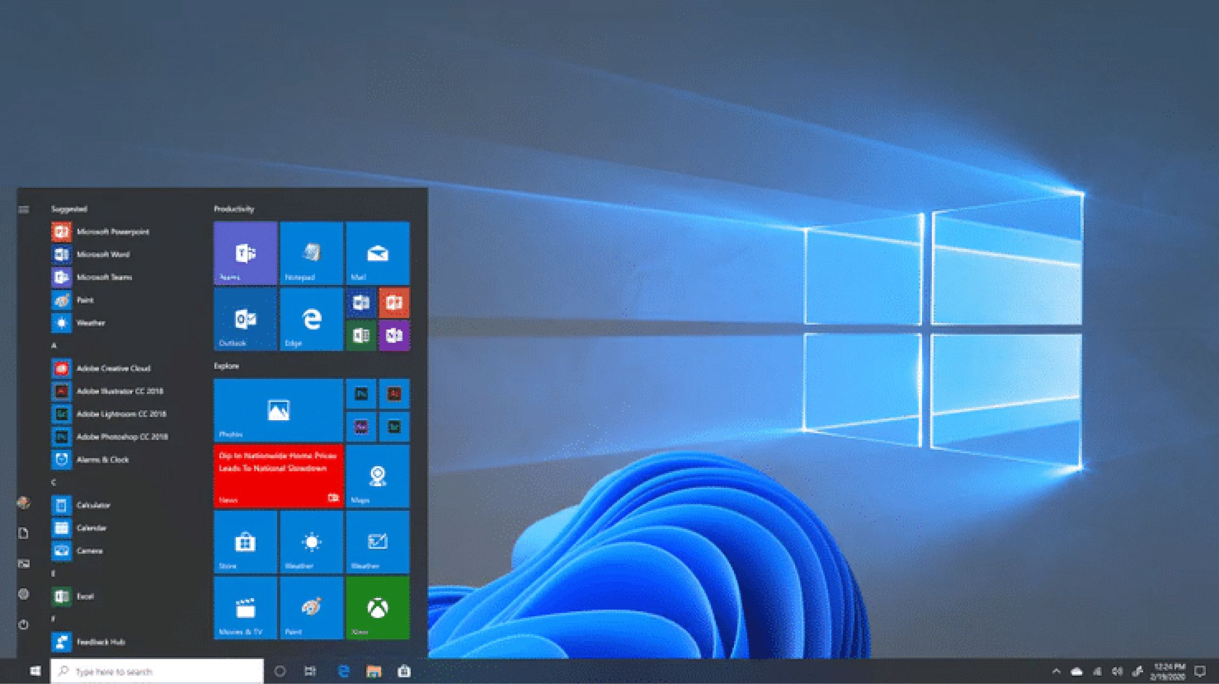 A Windows 10 desktop screen showing an open Start menu on the left. The Start menu displays various app tiles like Microsoft Edge, Mail, and Settings. The background features the Windows logo with a blue light effect and part of the new Microsoft Windows wallpaper.