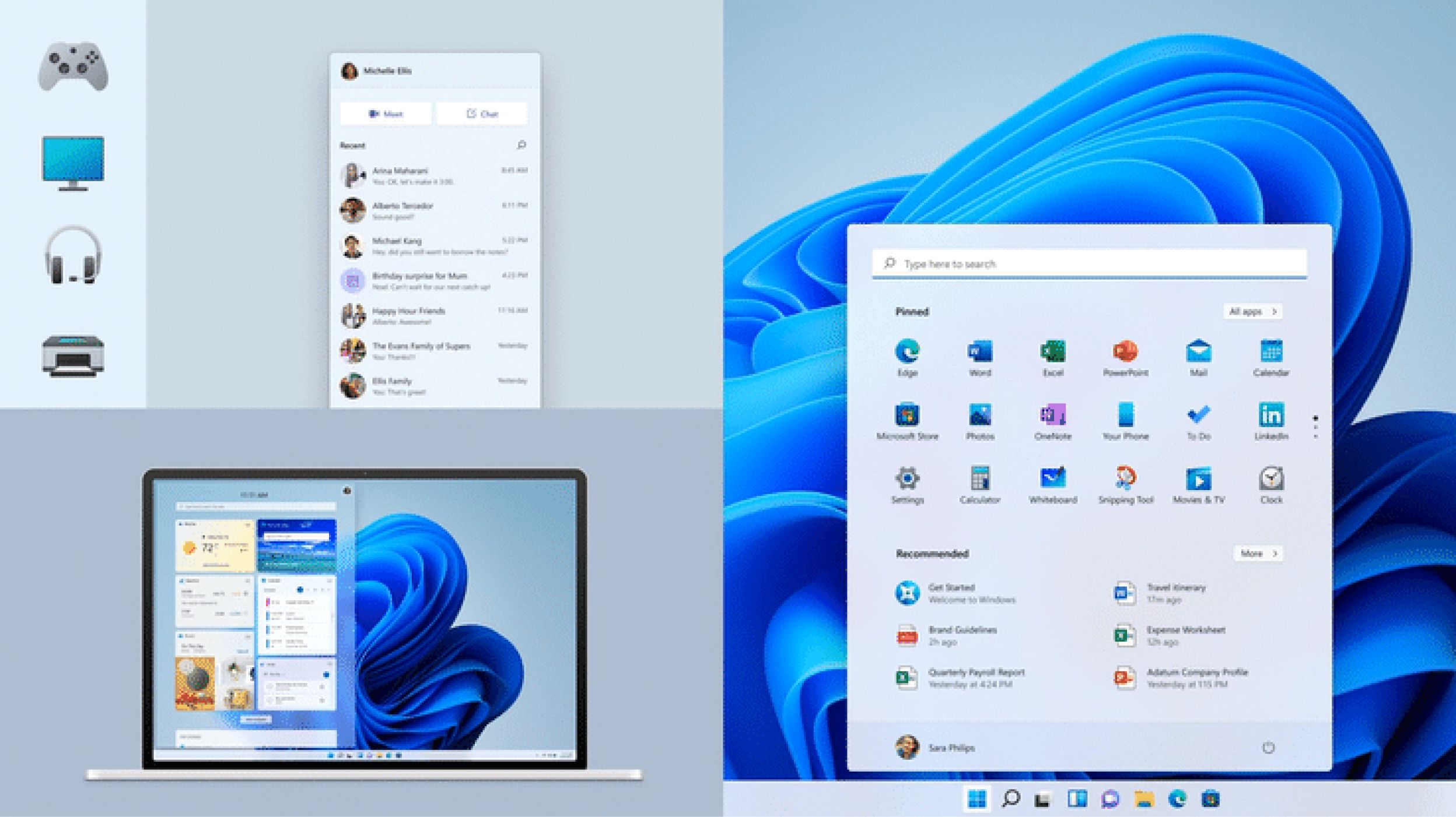 A collage of four images showcasing Windows 11. The top left image shows icons for various devices. The top right image is of the new Start menu. The bottom left image displays an open laptop with multiple apps. The bottom right image highlights the taskbar and docked apps.