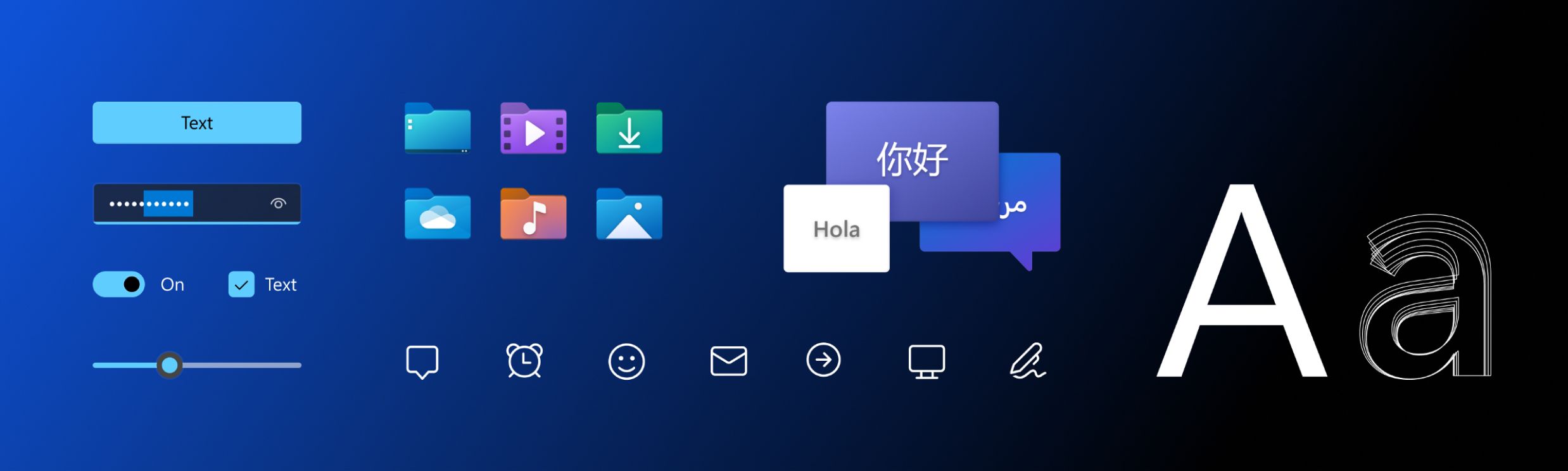 A horizontal graphic showcasing various user interface elements against a blue to black gradient background. It includes text boxes, icons for folders with different media types, speech bubbles with various languages, an audio slider, on/off switches, system icons, and typography examples.