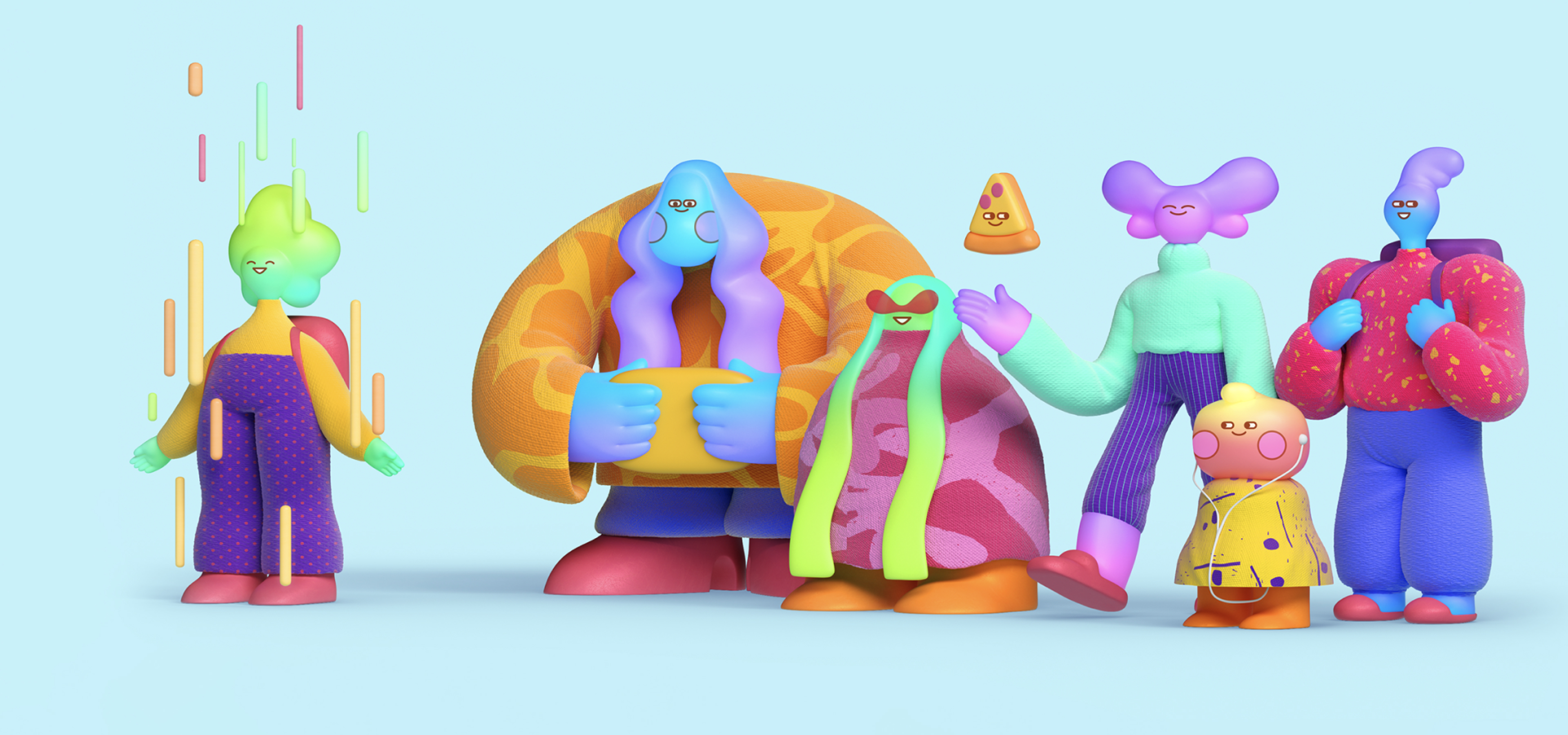 A colorful and whimsical illustration of six abstract, humanoid characters with various shapes and outfits. One character is glitching on the left, and another has a floating head. The vibrant background is light blue.