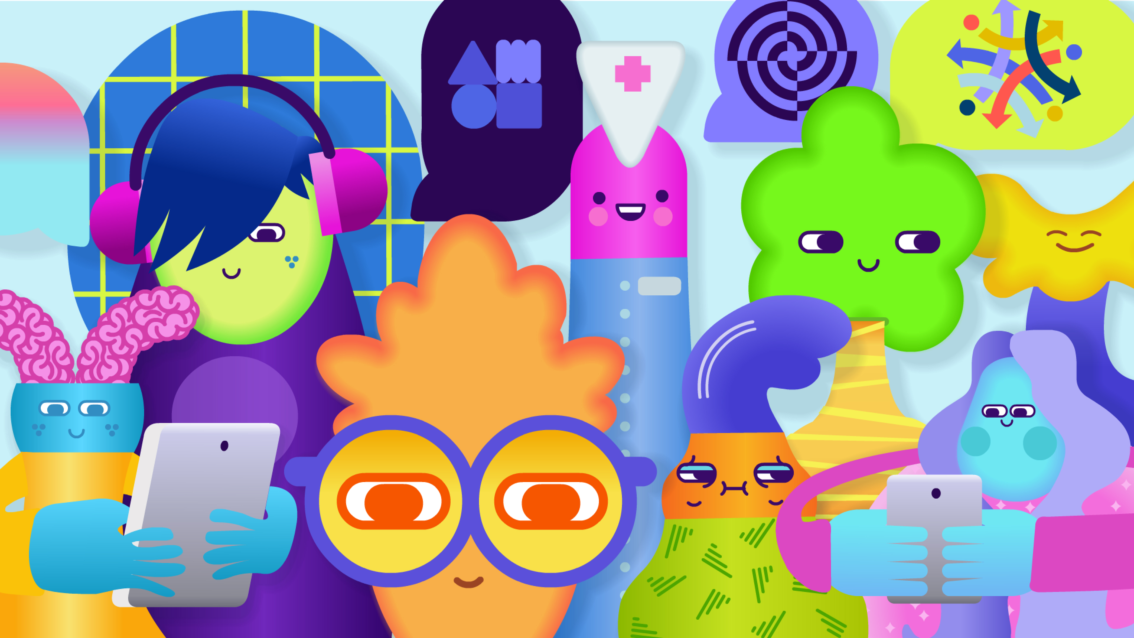 A bright, colorful illustration featuring various playful, anthropomorphic figures with diverse shapes and expressions. Some are holding tablets, while others interact with fanciful objects. The background contains abstract shapes and symbols, adding to the lively vibe.