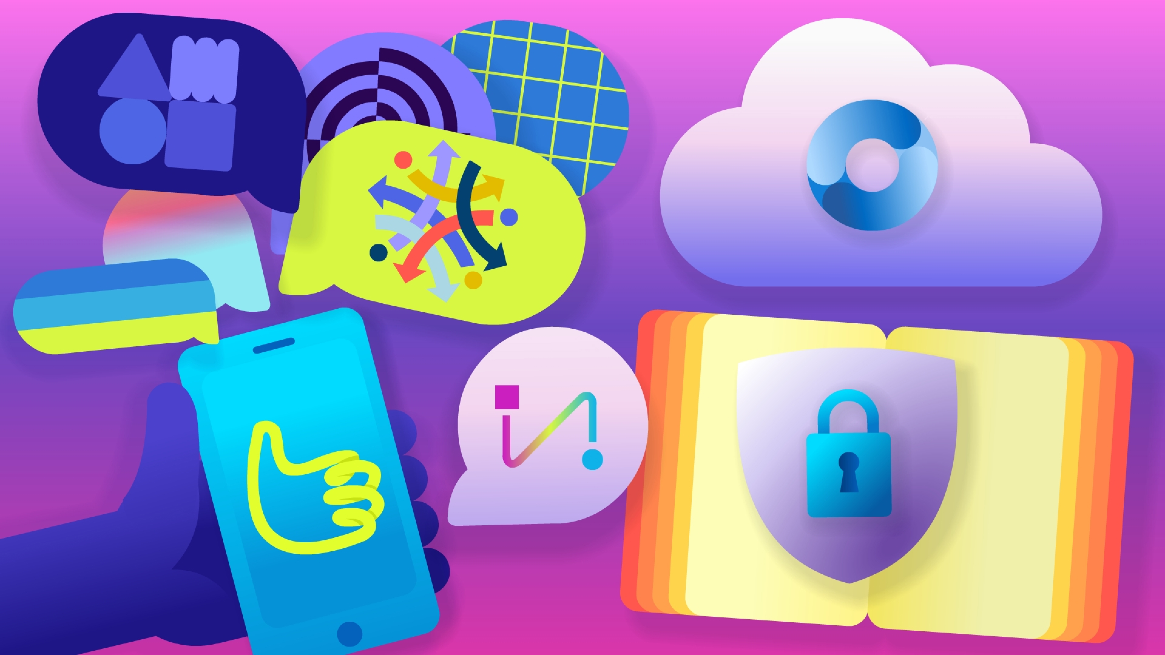 A colorful illustration depicts various technology and online activities. Elements include a hand holding a smartphone, a speech bubble with various icons, a cloud, a book with a padlock emblem, and other digital-related symbols. The background is pink and purple.