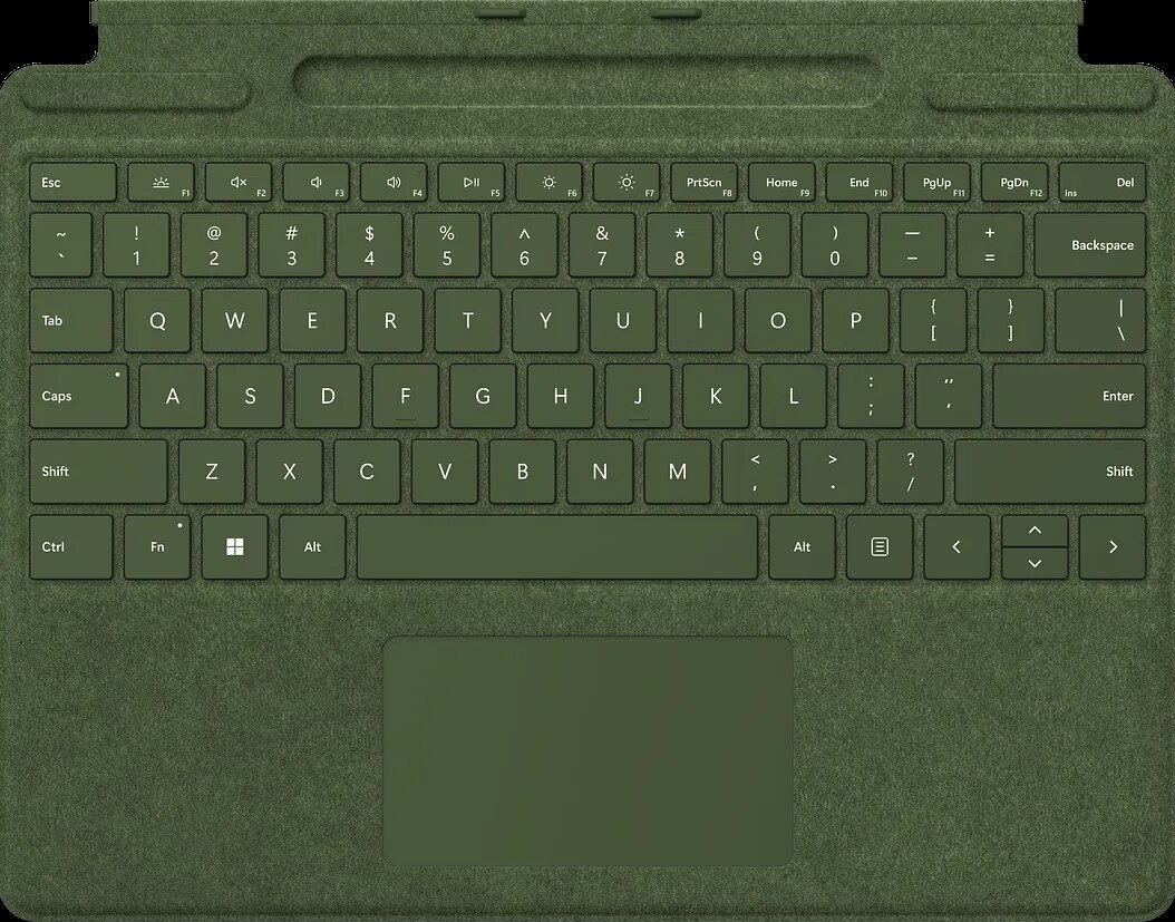 A green keyboard cover featuring a full QWERTY layout with function keys and a touchpad at the bottom. The keys include a mix of letters, numbers, and symbols, along with control keys such as shift, caps lock, tab, and function keys labeled from F1 to F12.