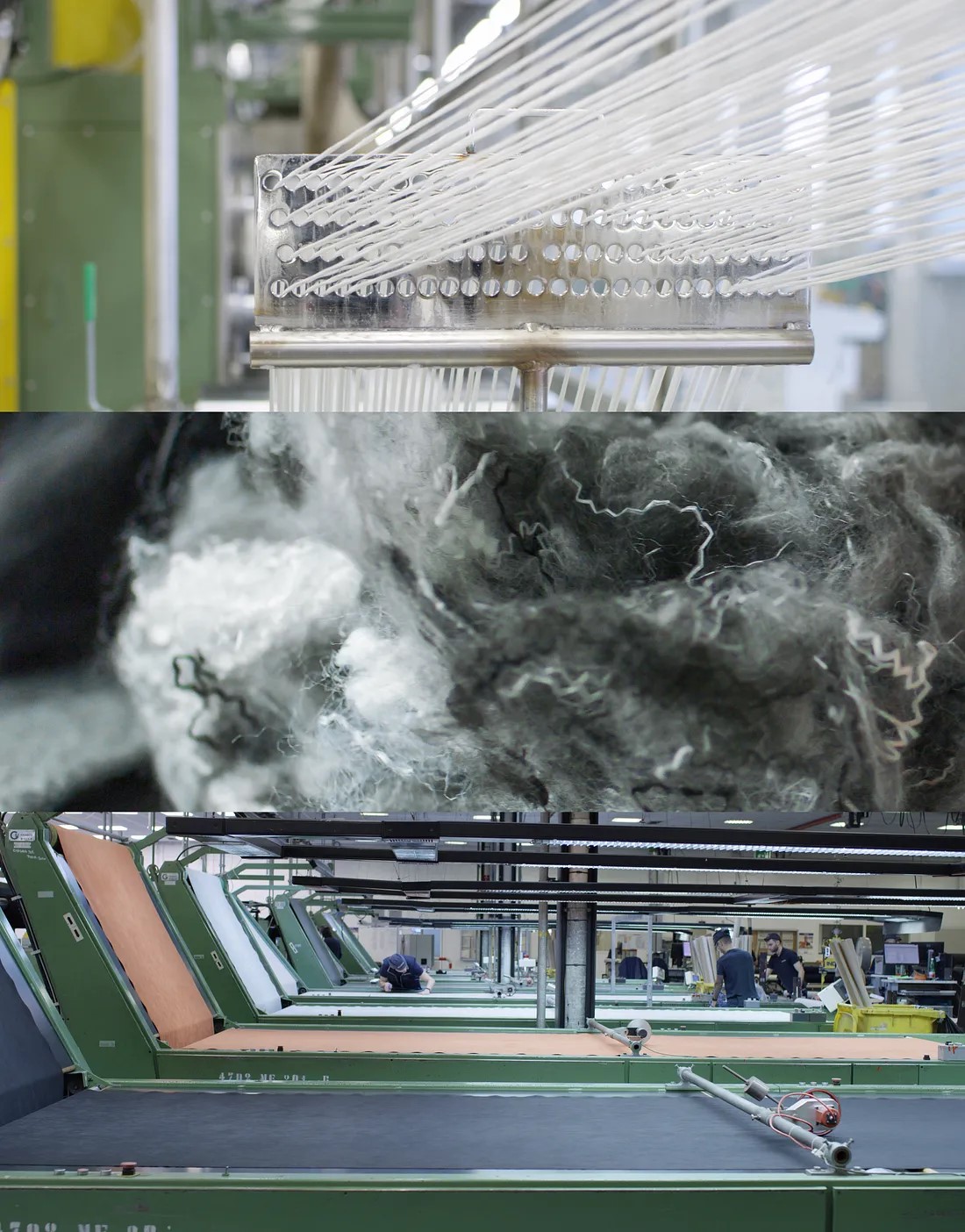 The image is a collage of three industrial scenes: the top shows a close-up of textile threads on a machine, the middle shows fibers in a swirling pattern, and the bottom depicts workers operating textile machinery in a factory.