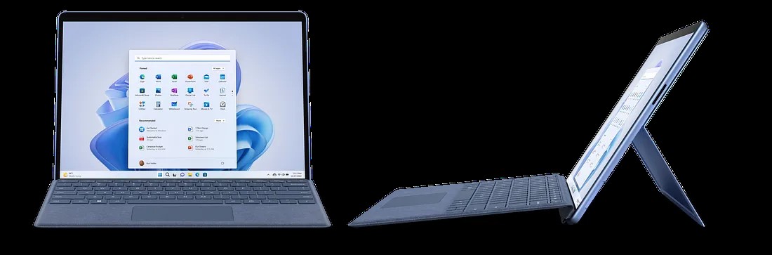 Two views of a Microsoft Surface Pro are shown. The device on the left is in laptop mode with the home screen displayed, while the device on the right is in side profile, showing its detachable keyboard and kickstand.