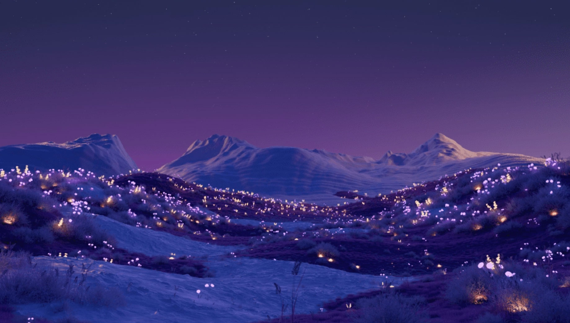 A serene, dreamy landscape at dusk featuring rolling hills covered in bioluminescent flowers. The glowing blooms light up the terrain, leading towards a backdrop of snow-capped mountains. The sky, transitioning from purple to deep blue, is dotted with stars.