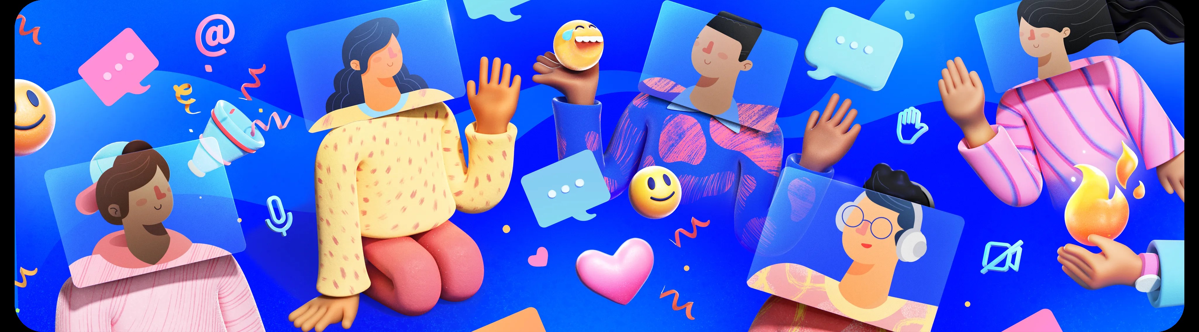 Illustration of four people in a vibrant online chat environment, each in separate video call windows. Speech bubbles, hearts, emojis, and chat icons float around them. One person wears headphones, and another has their hand raised. Background is bright blue.