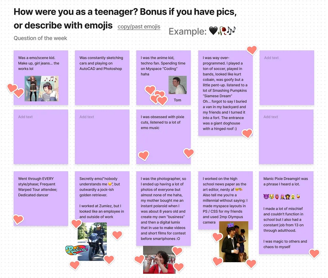 A collage with text boxes showing various statements about how different people were as teenagers. Some common themes include love for anime, MySpace, avoiding photos, and various hobbies. Heart-shaped icons and a few small images are scattered throughout the collage.