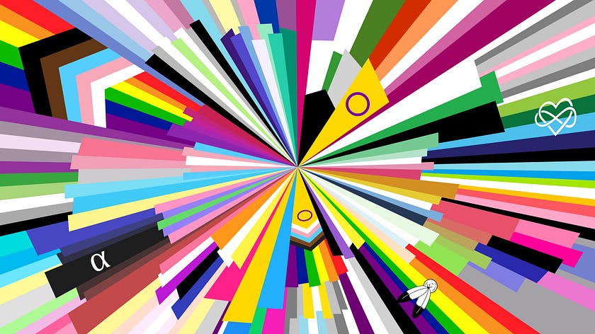 A vibrant, abstract artwork featuring an explosion of colorful, elongated rectangles converging at a central point. The colors include various shades of the rainbow, with some rectangles containing small symbols like a Greek letter alpha and other icons.