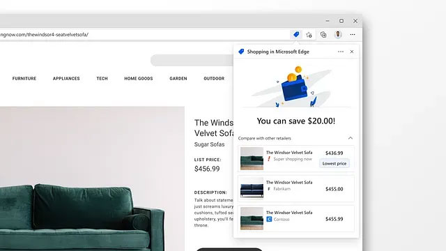 A screenshot of a Microsoft Edge browser window showing a shopping website. A sidebar on the right displays savings information, with a blue shopping bag icon at the top and a message indicating a $20 savings on "The Windsor Velvet Sofa." Two pricing options are shown below.