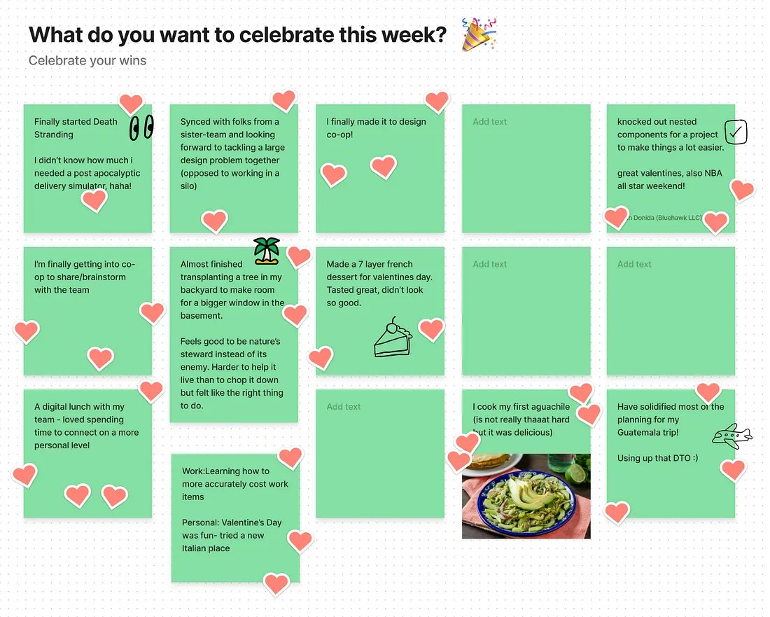 A digital board titled "What do you want to celebrate this week?" showcasing various wins. Speech bubbles include achievements like starting a new game, completing a big project, baking a 7-layer French dessert, trying a new gym, cooking for friends, and more.