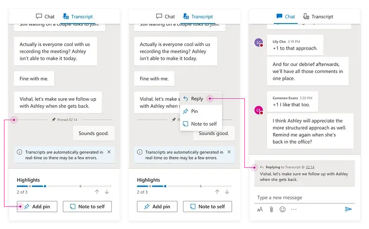 A split-screen image of a messaging application shows various features, including options to reply, pin, and note to self for specific messages. Dialogues about recording meetings, following up, structured approaches, and reminders are visible in the chat.