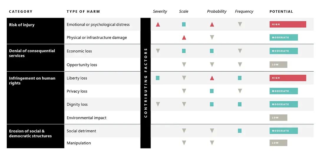 An infographic categorizing types of harm including risk of injury, denial of consequential services, infringement on human rights, and erosion of social & democratic structures. Each type is analyzed for severity, scale, probability, frequency, and potential.