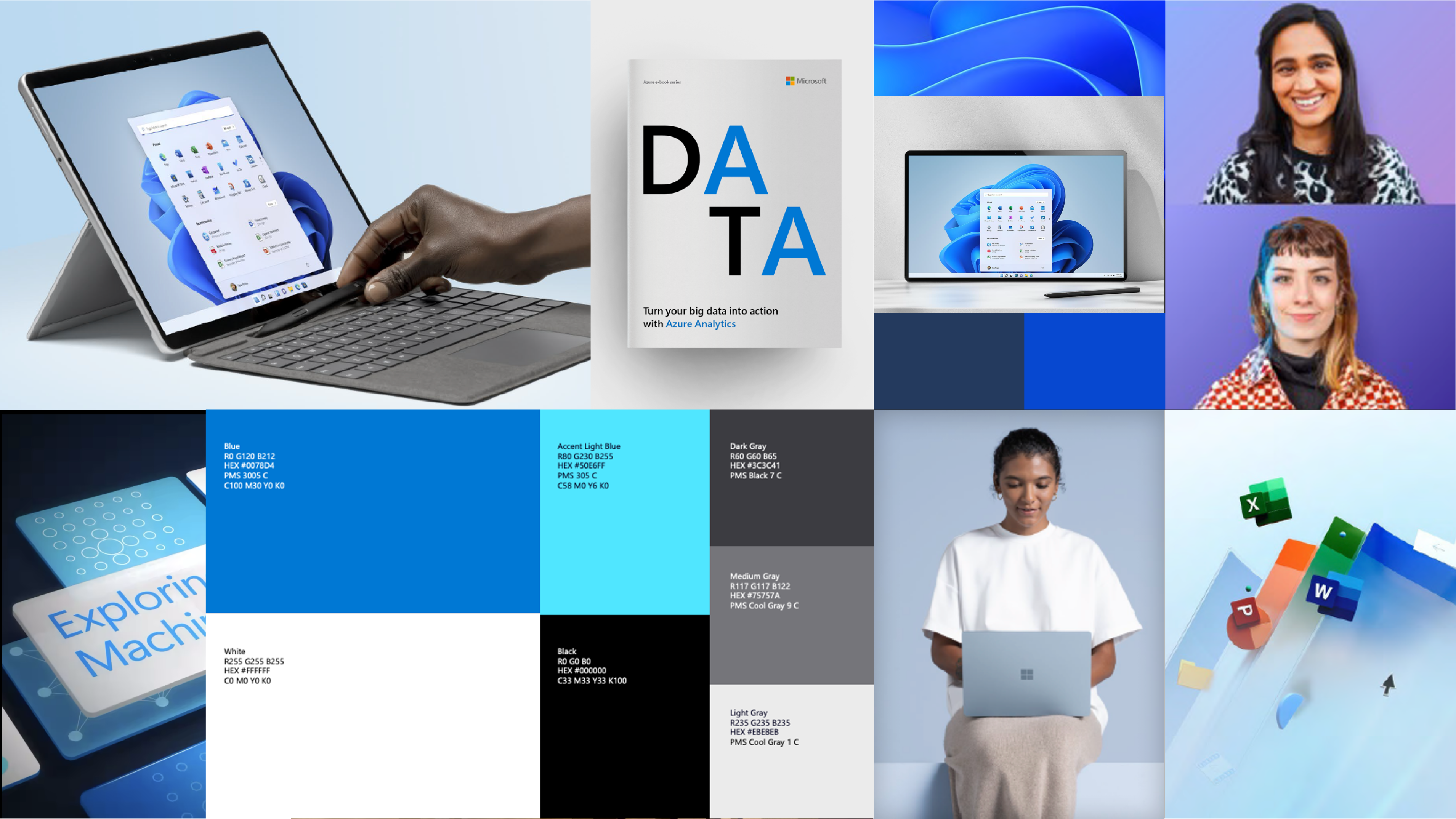 A collage of images showing technology and people. Includes laptops, a poster titled ‘DATA’, color swatches, and two smiling individuals. The colors featured are primarily blue, white, and black. A woman in white sits with a device in the bottom center.