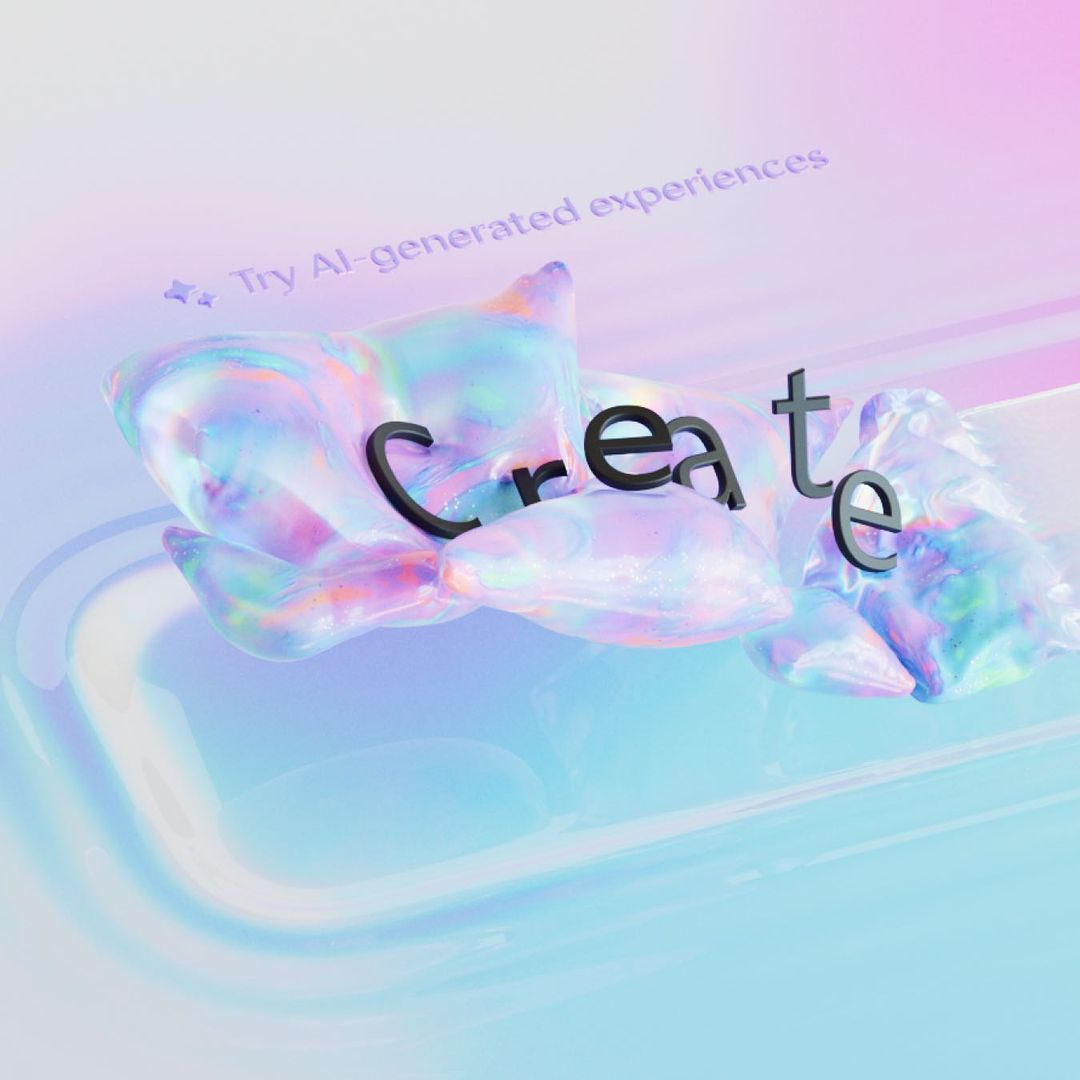 A surreal, colorful digital artwork with the word "Create" displayed in bold, black letters. The background features a pastel gradient with abstract, iridescent shapes that resemble fluid, glass-like forms. The text "Try AI-generated experiences" is partially visible.