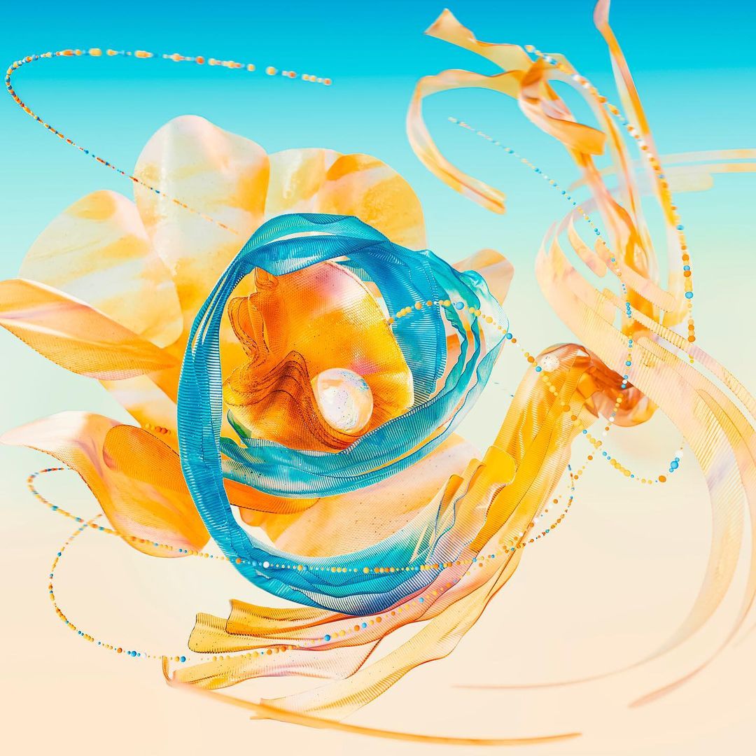 A vibrant, abstract digital artwork featuring swirling, ribbon-like shapes in shades of blue, orange, and yellow. The central element resembles a flower with dynamic, flowing petals and intricate, beaded details against a gradient blue to peach background.