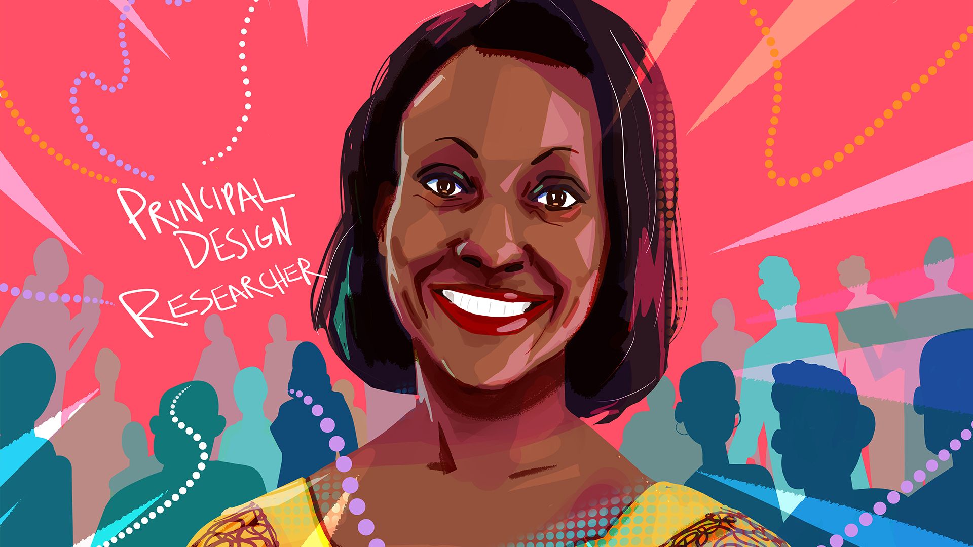 A colorful illustration of a smiling woman with short black hair, labeled as a "Principal Design Researcher." The background features abstract patterns and silhouettes of people in vibrant shades of pink, blue, and purple.