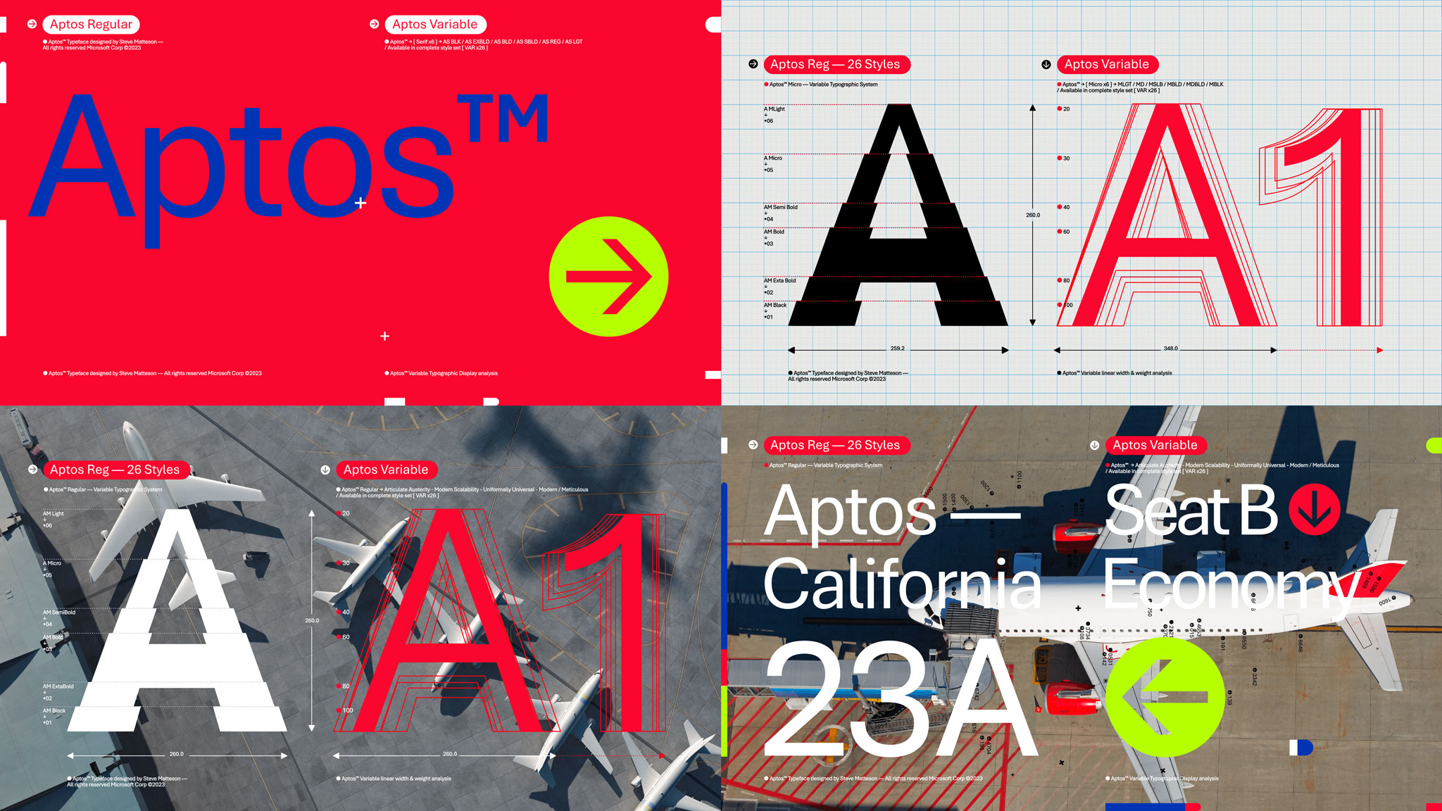 A collage of images featuring the font "Aptos." Various styles of the letter "A" and "A1" in different sizes are shown, along with design grids and aircraft visuals. Text includes references to "Aptos™" and "California – Economy 23A". An arrow symbol is also present.