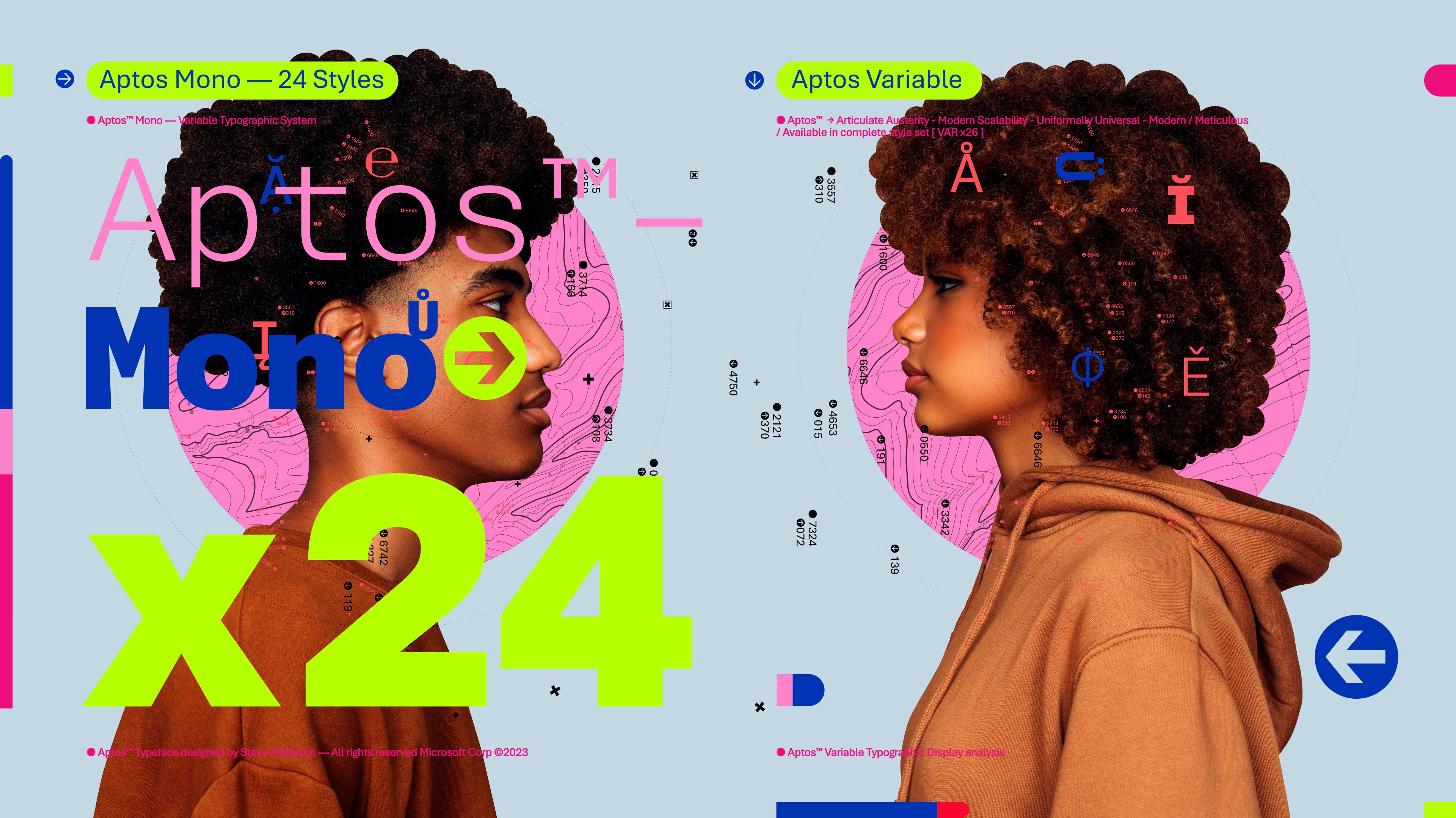 Two profile portraits of individuals face each other against a blue background with neon typography and abstract pink elements. Text highlights "Aptos Mono" with "24 Styles" and "Aptos Variable" on either side, alongside various letters and symbols.