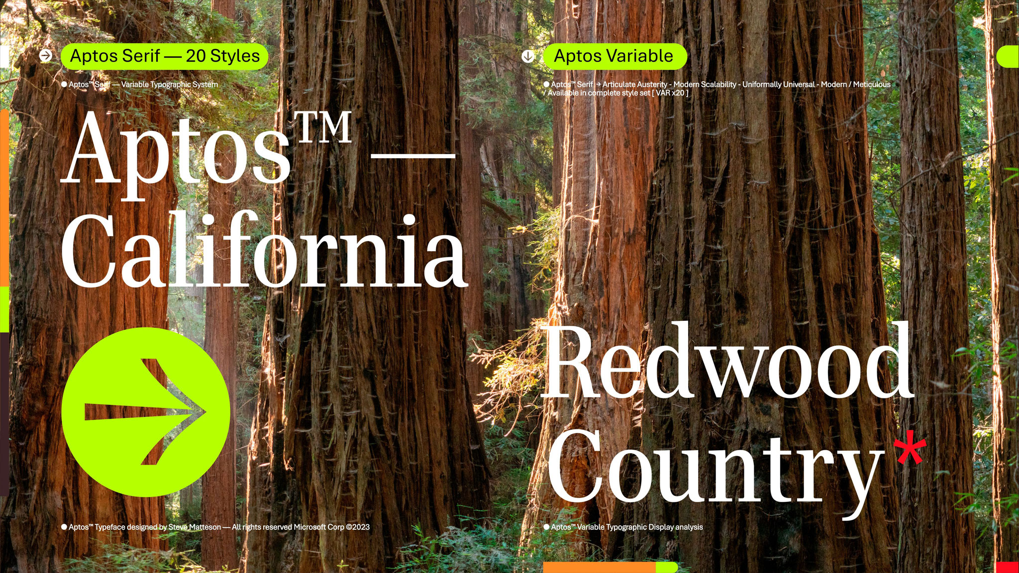 A graphic featuring text overlaid on a backdrop of tall redwood trees. Phrases include "Aptos™ California," "Redwood Country," and mentions of "Aptos Serif — 20 Styles," and "Aptos Variable." A bright green arrow symbol is also present.