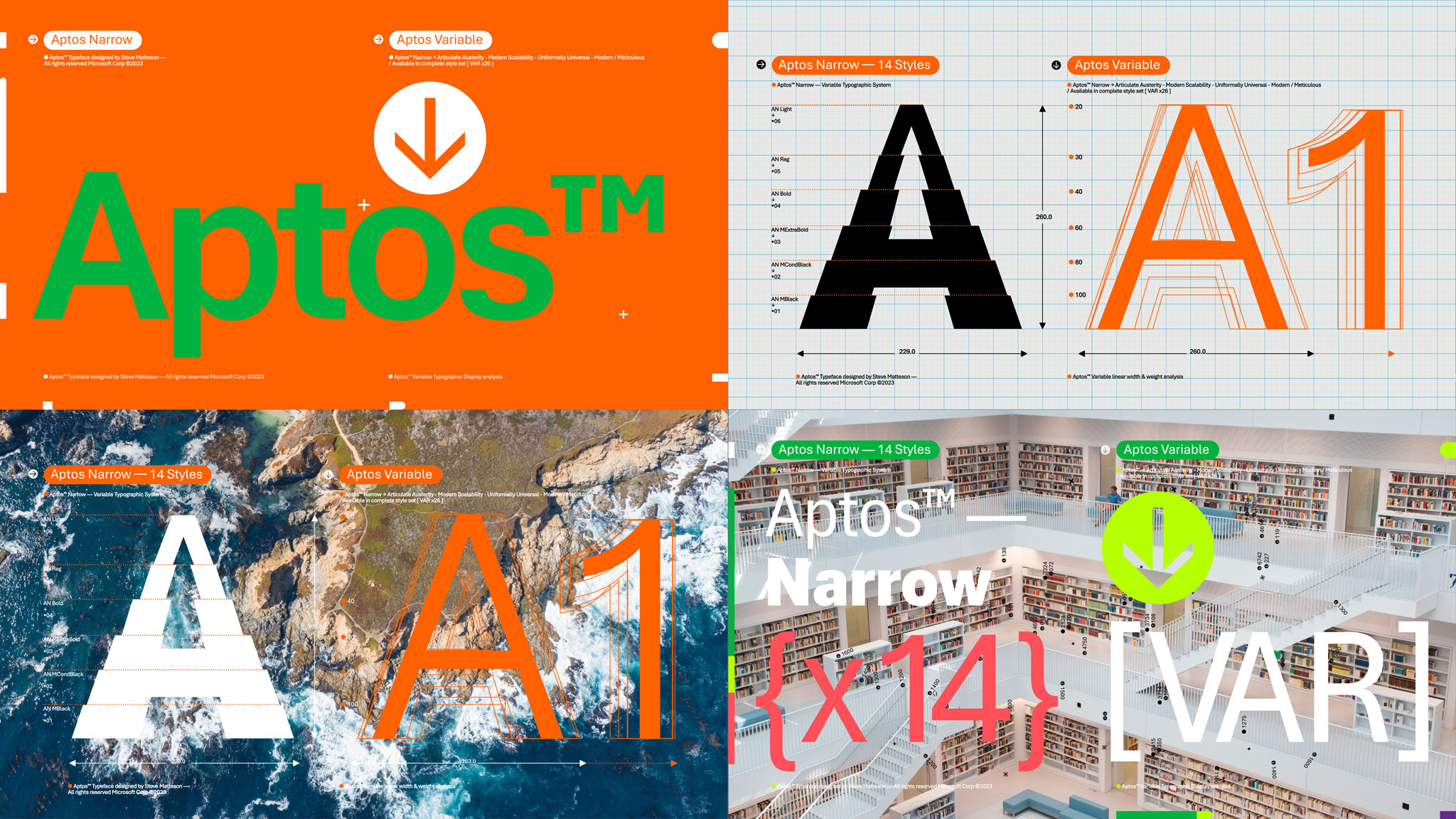 A collage of various graphic designs features the text "Aptos" and "Aptos Narrow." The images include a bold "A," a library interior, a coastal landscape with waves, and typographic grid lines. The designs highlight different styles and usages of the Aptos font.