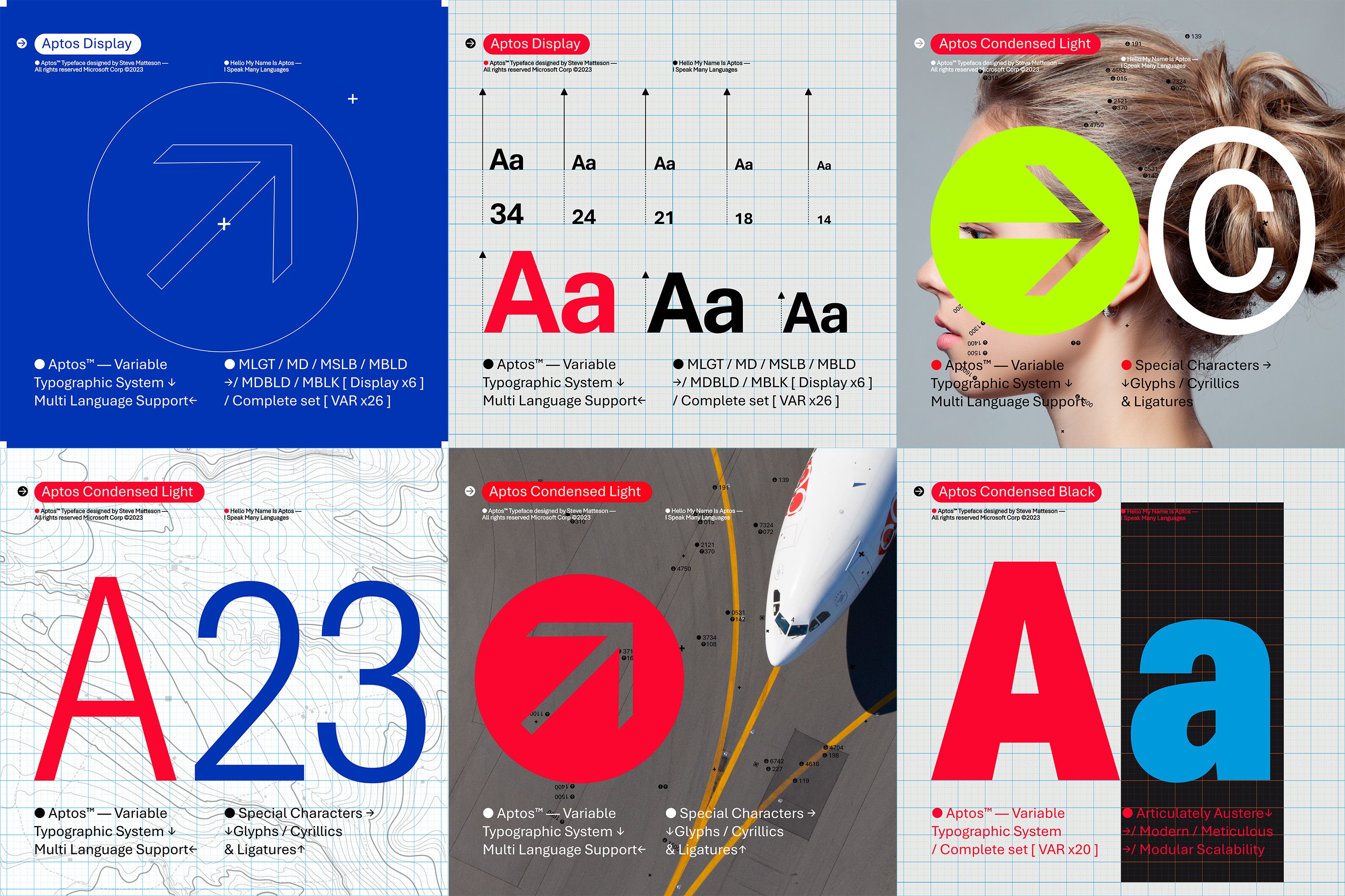 Collage showcasing various Aptos font styles and their applications, including Display, Condensed Light, and Black. The images highlight different alphabets, symbols, and context uses, such as a portrait, map, and typographic grid.