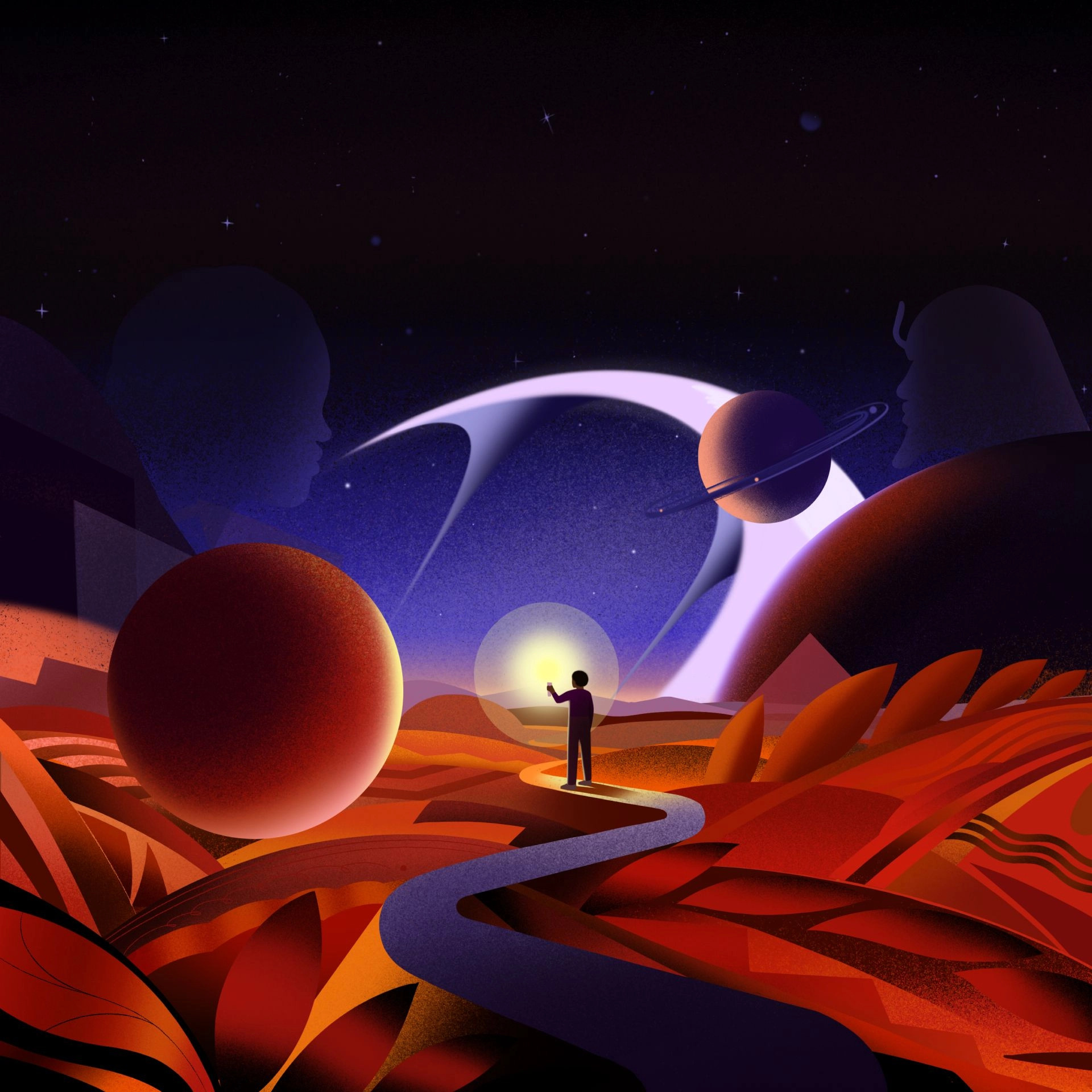 A person stands on a winding path amidst surreal, colorful terrain with large, red-orange spheres in the foreground. The night sky above features a crescent moon, rings of Saturn, and abstract shapes, creating a dreamlike cosmic scene.