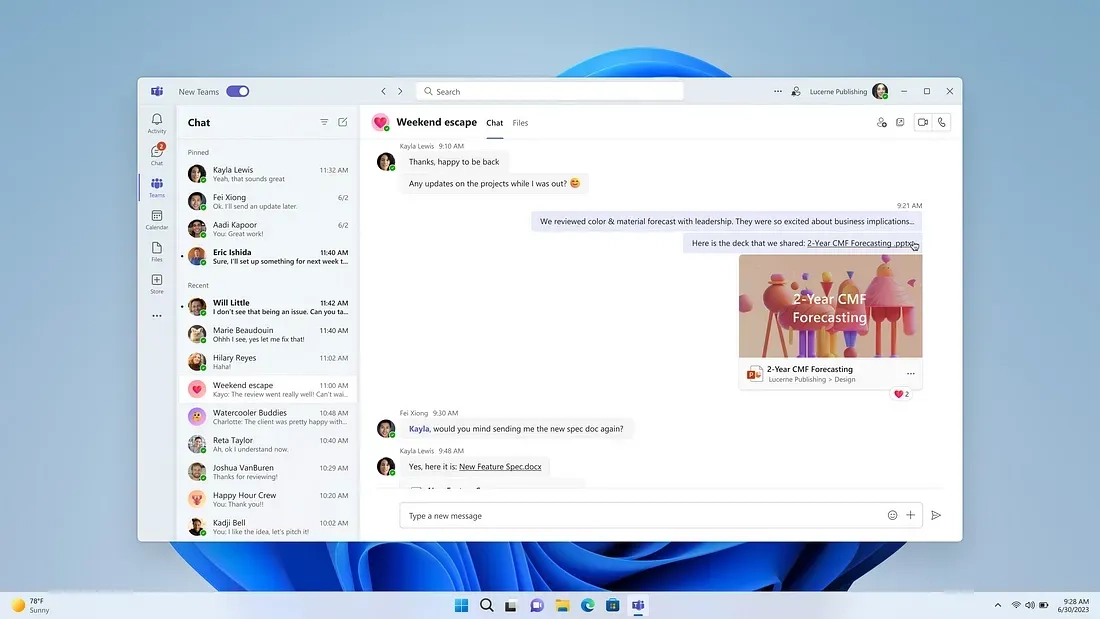 A computer screen displays a chat conversation in a messaging application. The app window shows a list of contacts on the left, with an active chat with several exchanged messages on the right. The desktop background is the default Windows 11 wallpaper.