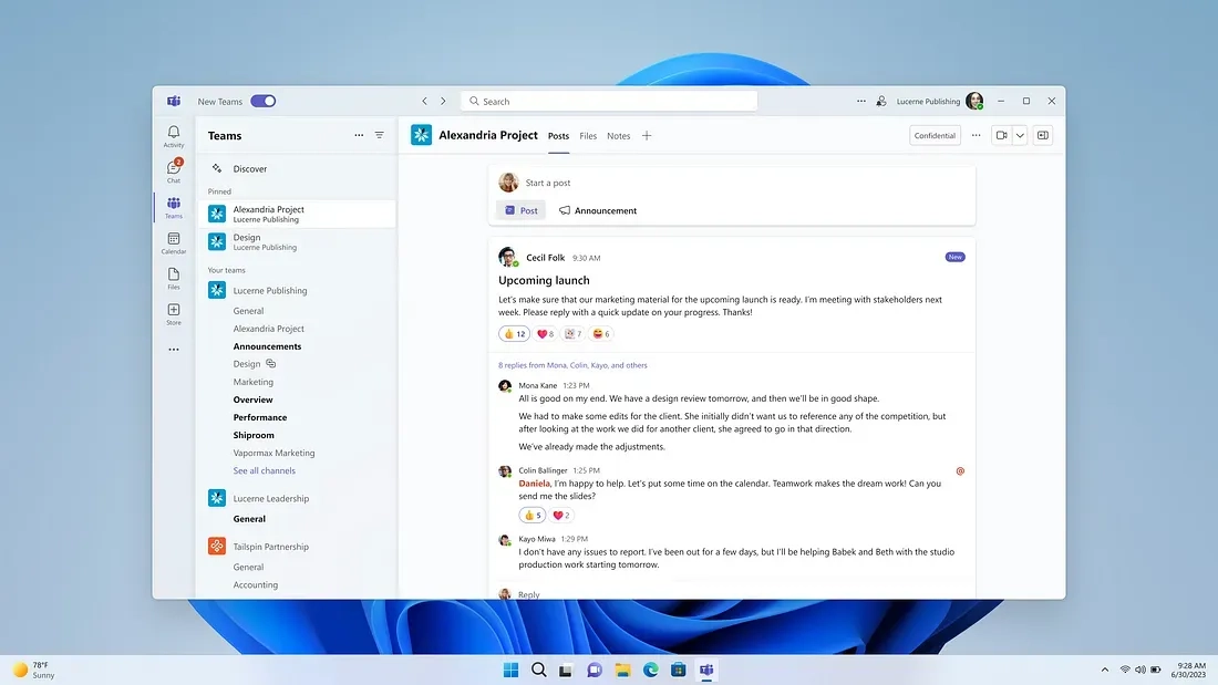 A screenshot of Microsoft Teams interface on a Windows 11 desktop. The Teams window shows a conversation about an upcoming project launch, with multiple team members discussing and reacting to messages. The background displays the Windows 11 default wallpaper.