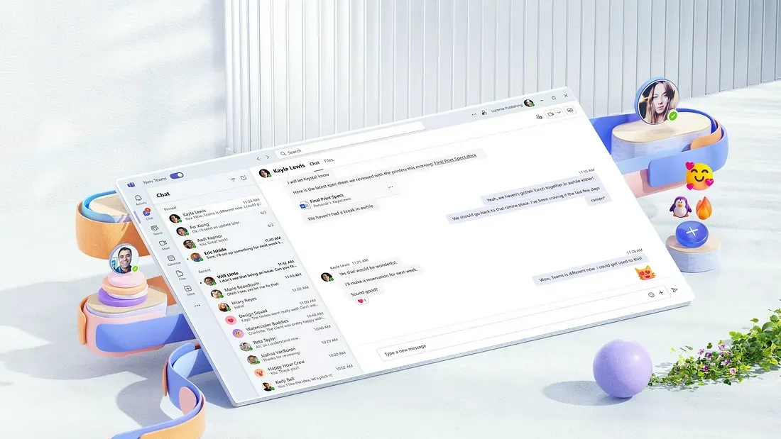 A digital illustration of a desktop chat application interface on a floating screen, surrounded by colorful abstract shapes and smiling faces. Various chat messages are visible alongside user profile icons on the left, with additional virtual avatars and emojis around.