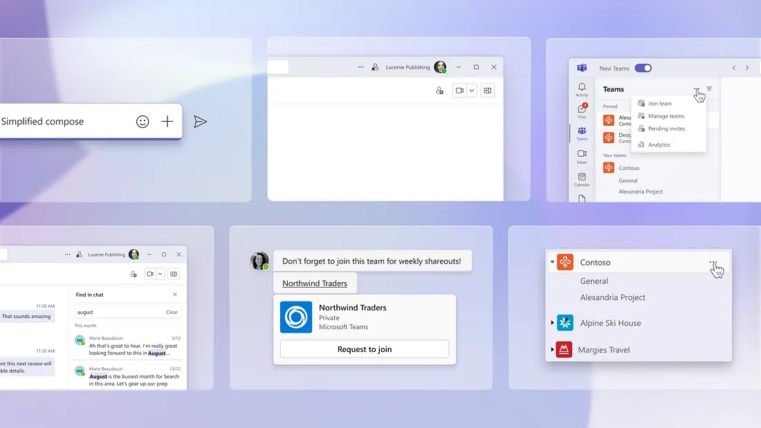 A collage of five screenshots shows different email and team collaboration interfaces. Screens include a simplified compose screen, a message with a request to join a team, a list of teams, a calendar overview, and a menu with various team options.