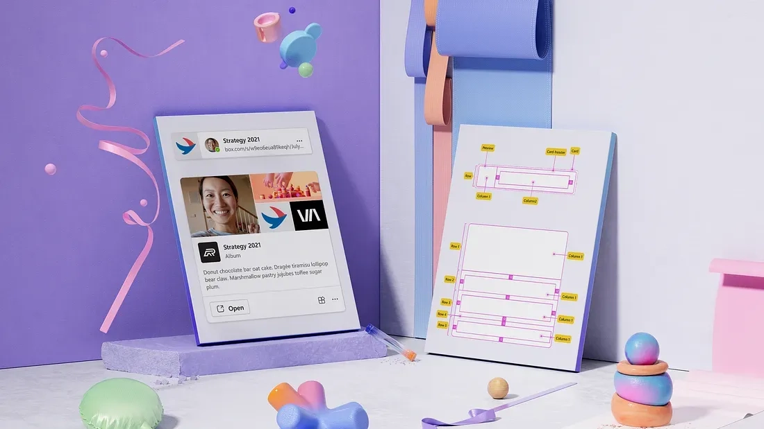 An image showing two tablets on a colorful surface. The left tablet has an event invitation displayed with a smiling person, while the right tablet displays a diagram with pink lines and boxes. Surrounding objects include balloons, ribbons, and abstract shapes.