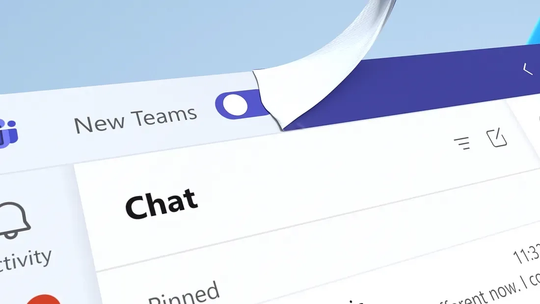 Close-up of a new feature in Microsoft Teams being unveiled by peeling back to reveal a toggle for switching to "New Teams." The interface shows the "Chat" and "Activity" sections with the purple header in the background.