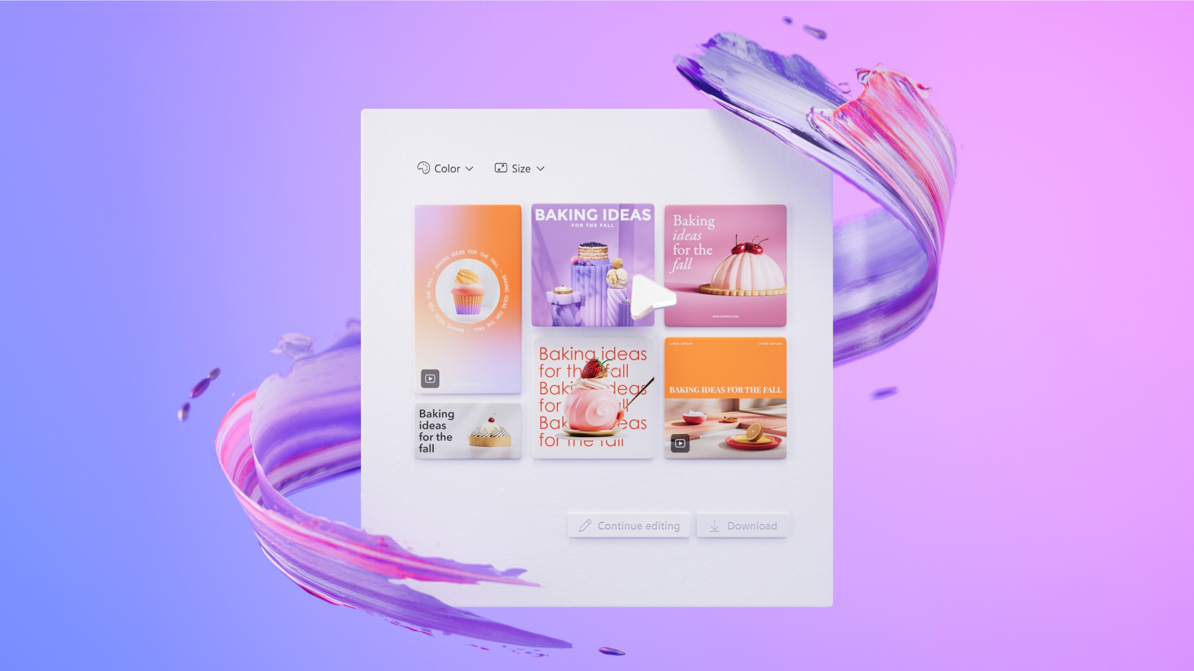 A digital interface displays various baking ideas for the fall. The screen shows a search bar, filters for "Color" and "Size," and options to "Continue editing" or "Download." Colorful, swirling paint strokes encircle the interface against a pink and purple gradient background.