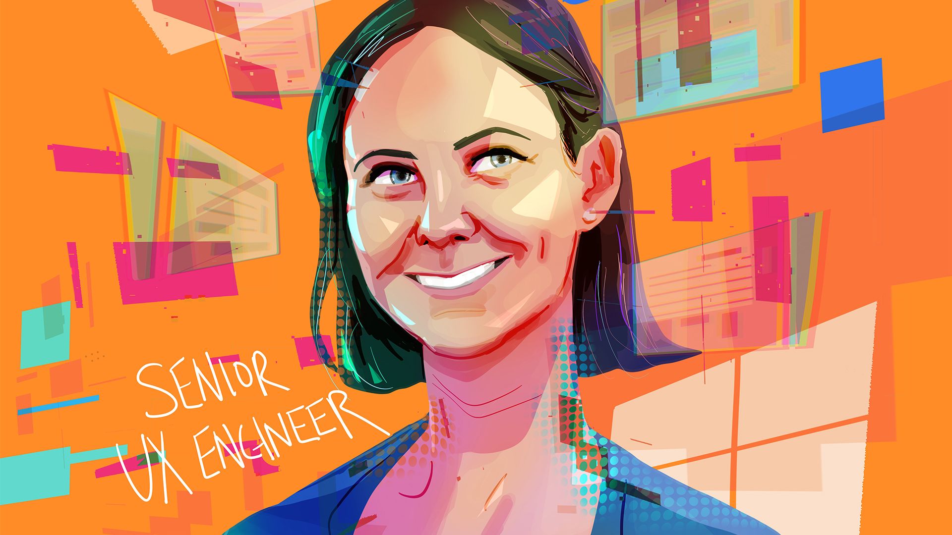 Illustration of a smiling woman with short dark hair against a vibrant, abstract background featuring colorful geometric shapes and window-like patterns. The text "Senior UX Engineer" is written beside her.