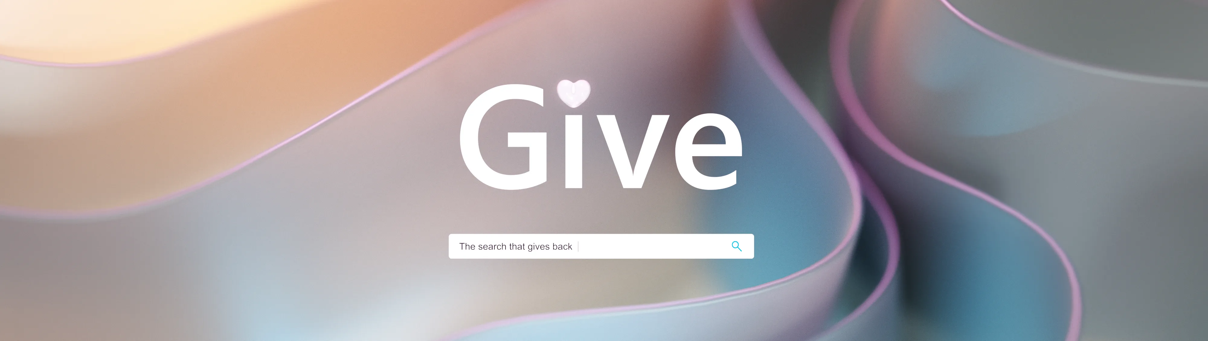 "A serene background with soft pastel colors and abstract shapes. The word 'Give' is prominently displayed in white text with a heart symbol above the 'i'. Below, a search bar contains the text 'The search that gives back' and a magnifying glass icon.