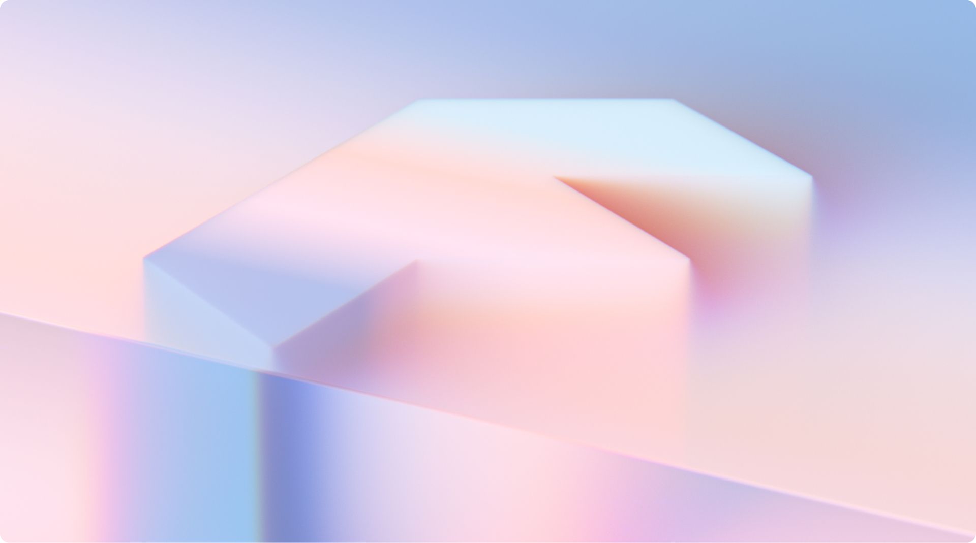 A glossy, 3D arrow shape pointing upward, rendered in soft pastel hues of blue, pink, and purple. The abstract object appears to be floating just above a smooth surface, with a blurred, gradient background adding a dreamy, ethereal feel to the image.