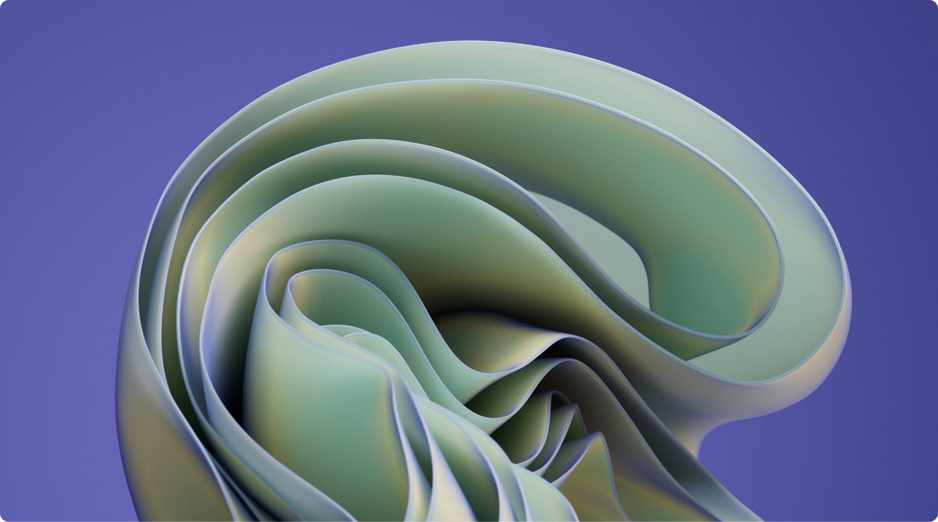 An abstract digital artwork featuring smooth, folded shapes in shades of green against a purple background. The undulating forms create a sense of fluidity and movement.