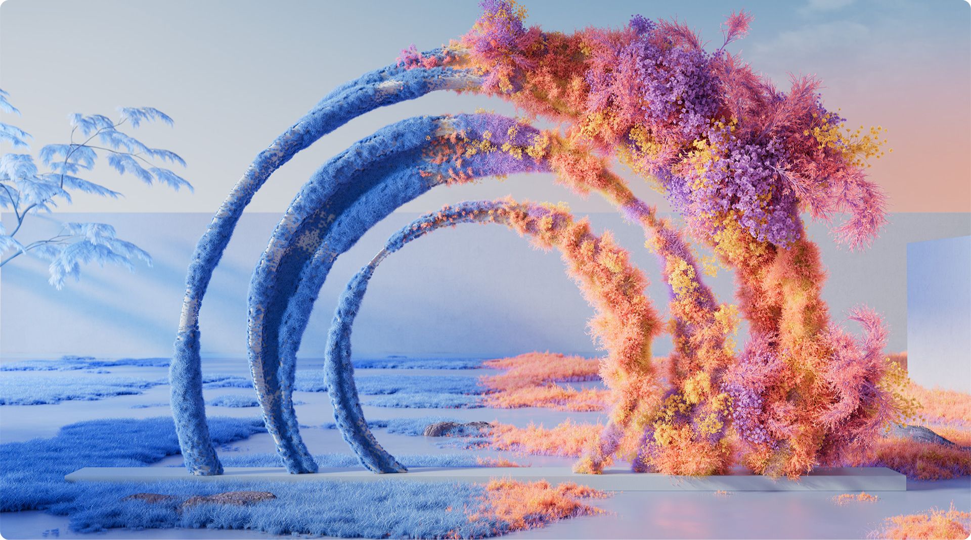 A surreal landscape features three arch structures, each progressively smaller, covered in vivid pink, purple, and orange foliage. The ground and distant tree exhibit a light blue hue, creating an ethereal juxtaposition against the vibrant arches in a soft, pastel environment.