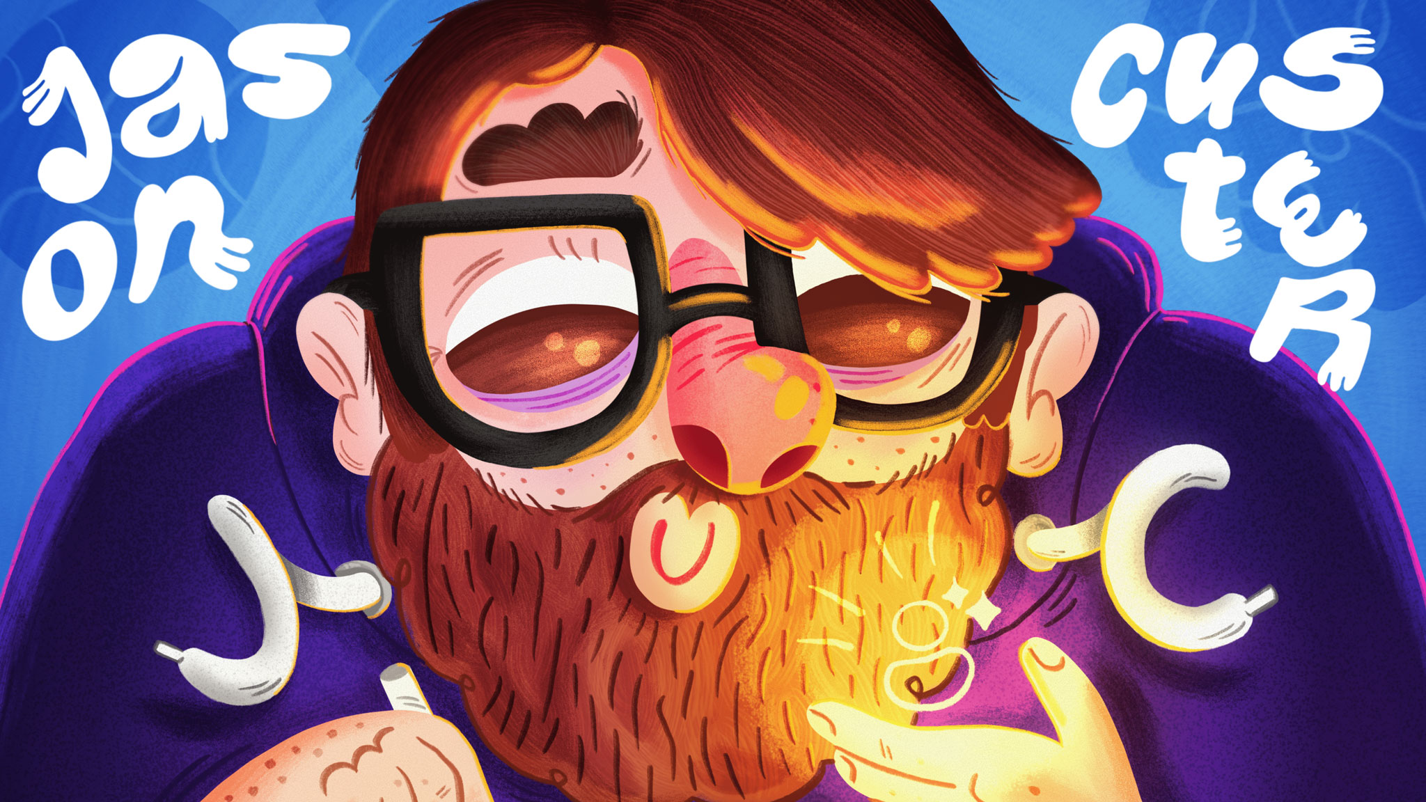 A stylized illustration of a bearded individual with large black-framed glasses, a cigarette in their mouth, and a playful expression. The background is blue with the name "Jason Custer" written in white, bubbly letters on either side of the figure.